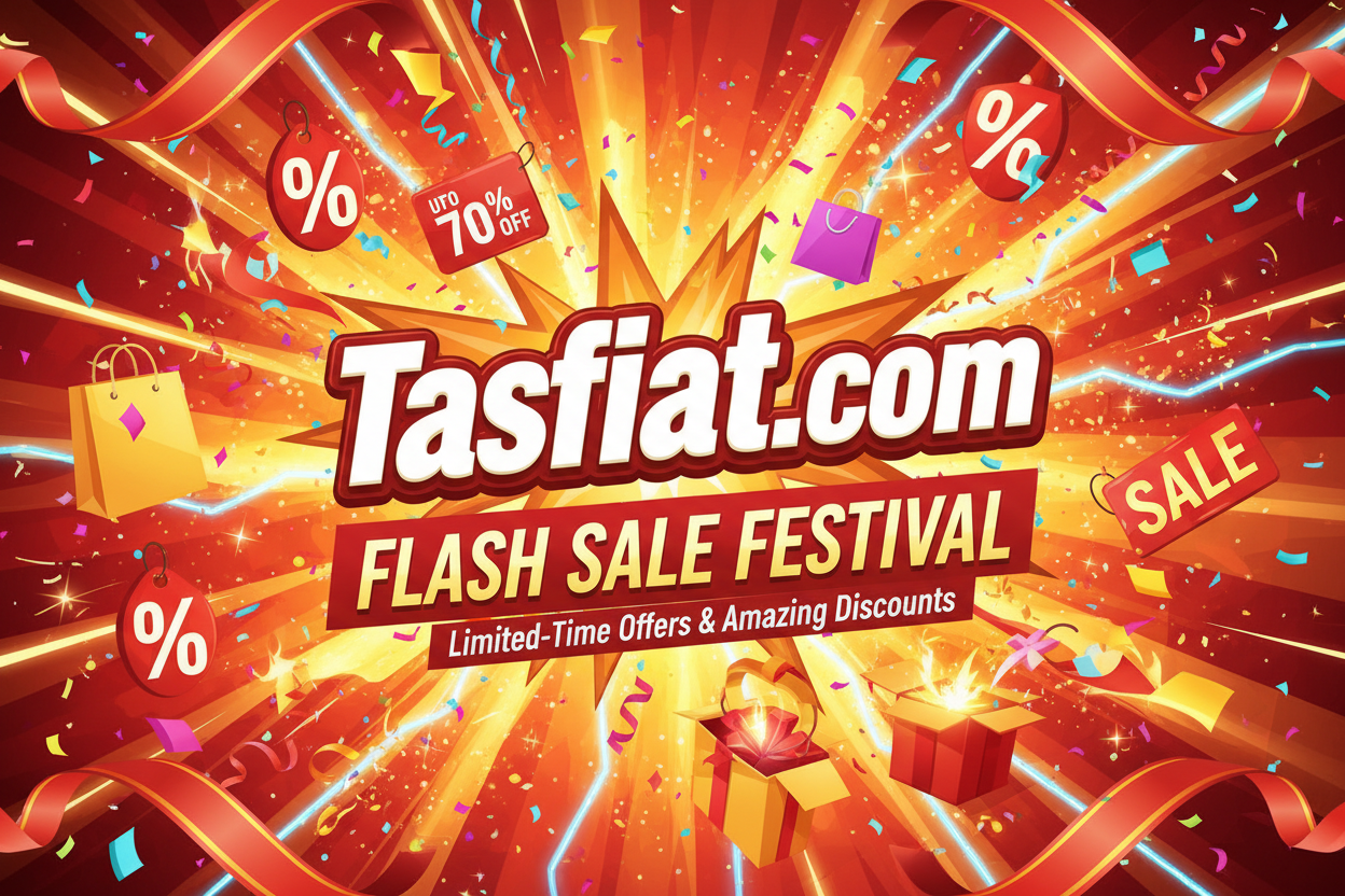 A flash image suggesting a festival of offers and discounts, and the word appears in it. Tasfiat.com